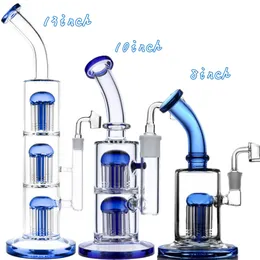 Nova moda azul triplo braço árvore perc hookah bubbler vidro bongs fumar tubulação de água plataformas petrolíferas reciclador shisha tubos 14mm tigela conjunta
