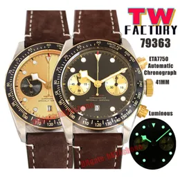 TW fabriksklockor TWF rostfritt stål 41mm 79360 /79363 Kronograf Automatisk ETA7750 MENS Titta på svart / vit / champagne -uppringningsläderband