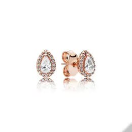 Rose Gold Teardrop Halo Ohrstecker für Pandora 925 Sterling Silber Hochzeit Ohrring Set für Frauen Freundin Geschenk CZ Diamant Ohrring mit Originalverpackung