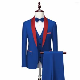 Мужские костюмы Высококачественные мужские красные пальто с лацканами из трех предметов Простой деловой элегантный модный модный костюм для собеседования Джентльменский костюм Тонкий костюм (Блейзер Жилет Брюки)