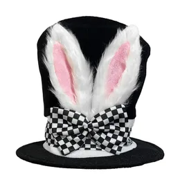 Stingy Brim Hats Easter Day White Rabbit Ears Lattice Bow Magician Hat Fairy Tale Tea Party Bunny Kids Favors Happy Decors 231101
