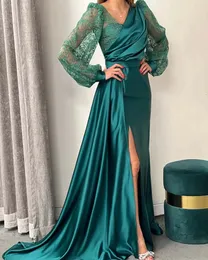 Saudi Arabisch Meerjungfrau Frauen Prom Kleid 2024 Pailletten Lange Puffy Sleeve Side Split Dubai Satin Abend Formale Kleider Promi tragen Robe De Soiree