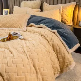 Bettwäsche-Sets Winter verdicktes Milchkorallen-Samt-Bett, vierteiliges Set aus doppelseitigem Plüsch-Bettbezug, Flanell-Veloursleder-Blatt