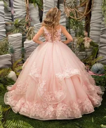 Vestidos de niña Vestidos de encaje rosa con apliques de flores para bodas Vestido de fiesta Vestidos de desfile de primera comunión para niños