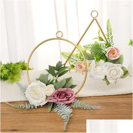 Dekorative Blumenkränze, dekorative Blumen, kreativer Hängekranz, Rose, Rattan, Heimdekoration, Innendecke, Eisen, Dreieck, quadratisch, Dhkum