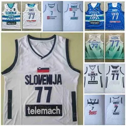 Słowenii koszulki 7 Luka Doncic 77 Basketball College Euroleague Europe Europe National Hafdery i szycie Team Blue White Oddychana koszula sportowa