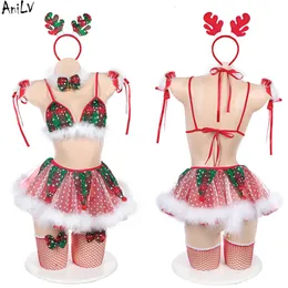 Ani Choinka Bling Płatki śniegu Miss Cupcake Spódnica Pamas Set Set Set Kostium Kobiety Sexy Red Green Plaid Lingerie Cosplay Cosplay