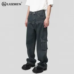 Mäns jeans Luzhen Trend Men's Cargo Denim Pants Fashion Design Multi Pocket Personlighet Jeans Vintage Male Baggy Overalls Autumn 54EEE0 231101