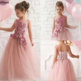 Reizende rosafarbene Blumen-Mädchen-Kleider für die Hochzeit A-Linie Tüll Sheer Neck Festzug-Partei-Kleider des kleinen Mädchens mit 3D-Blumen Lange Prinzessin Kids First Communion Dress CL2124