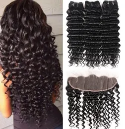 8A Brazilian Deep Wave Bundles With Closure 100 Echthaar Lace Frontal Closure mit Bundles Deal Kinky Curly Water Wave Body Str1155514