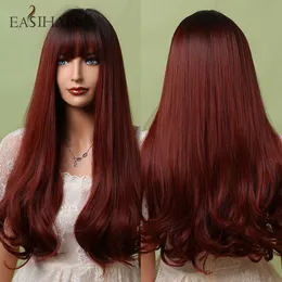 Syntetiska peruker Easihair Bourgogne Red Long Syntetic Wigs Black to Dark Ombre for Women Natural Bangs Wine Cosplay 230227