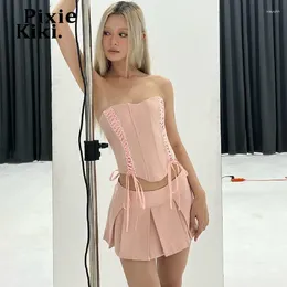 Рабочие платья PixieKiki, милый комплект из двух предметов, корсетный топ, мини-юбки Y2k, кокетка Kawaii Girl, розовые летние наряды для женщин P33-CI27