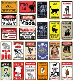 2021 Металлические знаки Ретро Предупреждение об опасности Металлический жестяной знак Остерегайтесь собаки Кошки на страже Настенная табличка Плакат Картина дома Рождество De6751397