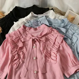 Kvinnors blusar woherb solid blus för kvinnor 2023 blusas mujer de moda kort ärm lösa ruffles skjortor söta båge mode koreanska toppar