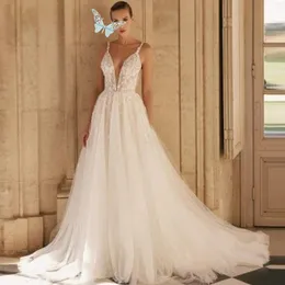 Tiul tiulowy A-line sukienka ślubna w stylu dekoltowym Bogaty koraliki bez rękawów suknie ślubne szatę de Mariee Plus Size Custom Made 328 328