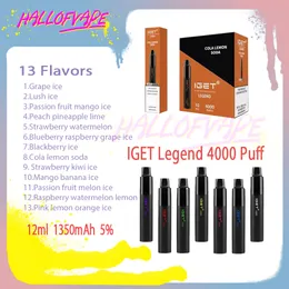 Original IGET Legend 4000 Puff Einweg-Vape-Stift, 5 % Füllstand, 14 ml Mesh-Spule, 1500 mAh, Bettery 13 Geschmacksrichtungen, E-Zigaretten-Puffs 4k