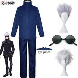 Anime kostymer 110-3xl svart / blå anime jujutsu kaisen gojo satoru cosplay come eye lapp peruker glas halloween party män barn uniforsl231101