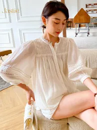 Kvinnors blusar Jastie 2023 Spring Women French Shirt Patchwork Lace Luxury Design White Temperament Casual Office Lady Tops