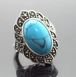 Cluster Rings Fashion Jewelry 17X30mm Blue Turquoises Oval Gem 925 Sterling Silver Marcasite Ring Size 7/8/9/10