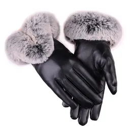 Five Fingers Glove Winter Faux Rabbit Pu skórzany ekran dotykowy Mittes Lady Female Driving Warm 231101