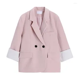 Women's Suits Spring Contrast Color Cuff Splicing Blazer Women Double-breasted Notched Collar Long Sleeve Suit Jacket Apricot Brown Pink