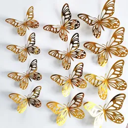 Wall Stickers 12PcsSet Gold Silver Hollow Butterfly 3D Butterflies Bedroom Living Room Home Decoration Applique Wedding Decor 231101