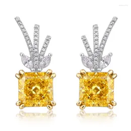 Boucles d'oreilles pendantes en argent sterling 925 pour femmes, bijoux complets en diamant, zircone, haute teneur en carbone, jaune brillant, pour mariée