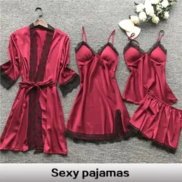 Women's Sleepwear 4 Piece's Sexy Lace Pajamas Fashion VNeck Gown Comfort With Chest Pads Nightdress Casual Loungew 231031