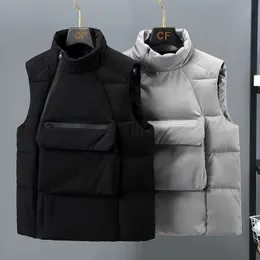 Coletes masculinos Design de moda colete térmico homens grandes bolsos coreano masculino colete colarinho sem mangas jaqueta gilets acolchoado casaco de inverno quente 231101