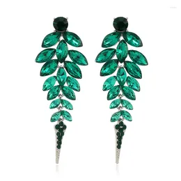 Dangle Earrings Gold Color Deep Green Leaf Shaped Crystal Hollow Cute Shiny Silver Pendant Long Drop For Women Jewelry
