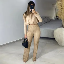 Women's Two Piece Pants Fashion Solid Color Sets O-Neck Long Sleeve Crop Top & Draped Bodycon Slim Ruffle Elegant Female Pant