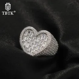 Wedding Rings TBTK Big Baguettecz Heart Ring Full Paved Out Square Cubic Zirconia HipHop Delicate Punk Jewelry For Men And Women 231101