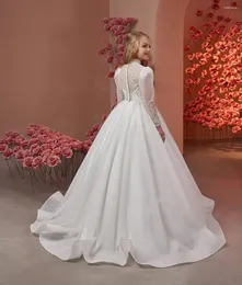 Платья для девочек, свадебное детское платье трапециевидной формы с цветочным узором, блестящие детские пышные платья с высоким воротом, детское первое причастие