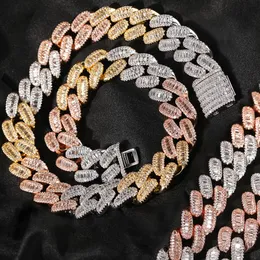 Ny 15mm Gold Bling Diamond Cuban Link Chain Choker -halsband för män och kvinnor isas ut rosa kubiska zirkoniume CZ Stone Curb Hip Hop Rapper smyckekedjor Bijoux presenter