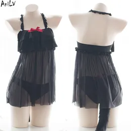 Ani Anime Fox Fata Ragazza sexy Abito con fiocco in rete con coda Costume da donna Camicia da notte con patta arricciata sul petto Uniforme Pamas Cosplay cosplay