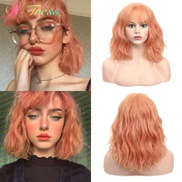 Short Bob Wig with Bangs Orange Color Synthetic Lolita Wig for Women Shoulder Length Wave Hairstyles for Party Cosplayfactory d