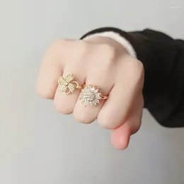 Anéis de Cluster MFY Requintado Girando Rotativo Girassol Em Forma de Abertura Anel Fidget Spinner CZ Strass para Mulheres Jóias de Casamento