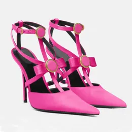 Cetim Bow bombas de vestido Sapatos de vestido Sandaladores Sandálias circulares decoração de fivela de tornozelo Sapatos de salto estilista