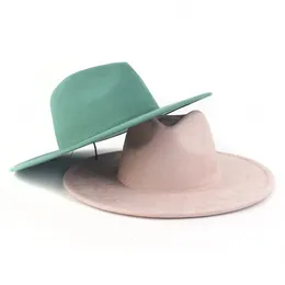 قبعات واسعة الحافة القبعات دلو 9.5 سم Big Brim Jazz Fedora Hats Men Suede Fabric Heart Top Felt Cap Women Women Designer Party Green Green Fascinator Hats 231101