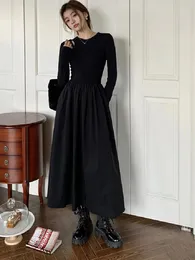 Casual Kleider Herbst Lange Schwarze Frauen Koreanische Chic Aushöhlen Gestrickte Patchwork A-linie Hülse Kleid Weibliche Sommerkleid