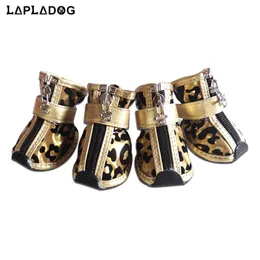 Husdjur skyddande skor 4pcsset guld leopard läder hund pu antislip boot för små hundar neddy hund katt vattentäta skor valpstövlar zl353 231031