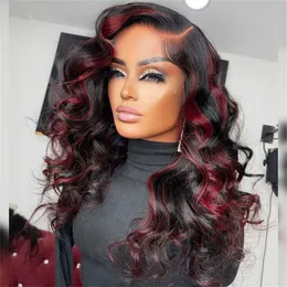 Destaque Red Wig 13x4 Lace Frontal Wigs Ombre sintético Borgonha a onda corporal solta perucas de renda Borgonha para Wigs Black Womenfa