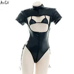 Ani Schwarzer Pu-Leder-Body, Badeanzug, Kostüm, Punk-Mädchen, Kreuzgurt, Rollkragen, Bademode, Uniform, Versuchung, Dessous, Cosplay, Cosplay