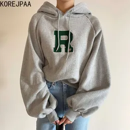 Damen-Kapuzenpullover, Sweatshirts, Korejpaa, lässig, Buchstaben-Stickerei, Damen-Herbst, Korea, All-Match, Kordelzug mit Kapuze, Laternenärmel und Samt-Sweatshirt 231031