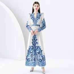 Vintage Paisley Floral Party Maxi Dress Women Designer Lantern Sleeve V-hals Hög midja monterade semesterklänningar 2023 Autumn Winter Chic Runway Slim Bohemian Frocks