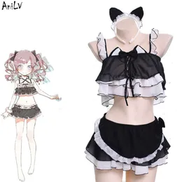 Ani Anime giapponese Lolita Cute Cat Maid Costume da bagno Costume da bagno per gatti Ragazza Costume da bagno uniforme Festa in piscina Cosplay