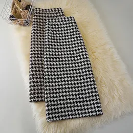 Kjolar Houndstooth Woolen kjol i mitten av längd över knäet kvinnors vinter höga midja slits en-steg kjol retro a-line kjol s-xxl 231101