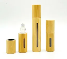 収納ボトル5ml 10ml竹ロールスチールローラーガラス化粧品コンテナポータブルアイエッセンシャルオイルマッサージボールチューブ