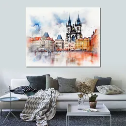 Världsberömd byggnad Prag Square Tjeckien Pencil Pencil Script Art Canvas Print Bilden Poster för matsal Väggdekor