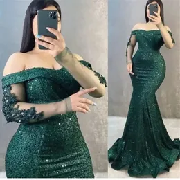 Sparkly Squin Green Mermaid Evening Dress Off Shoulmer Long Sleeves Applique Arabic Women 형식 플러스 사이즈 생일 파티 가운 Robe de Soiree